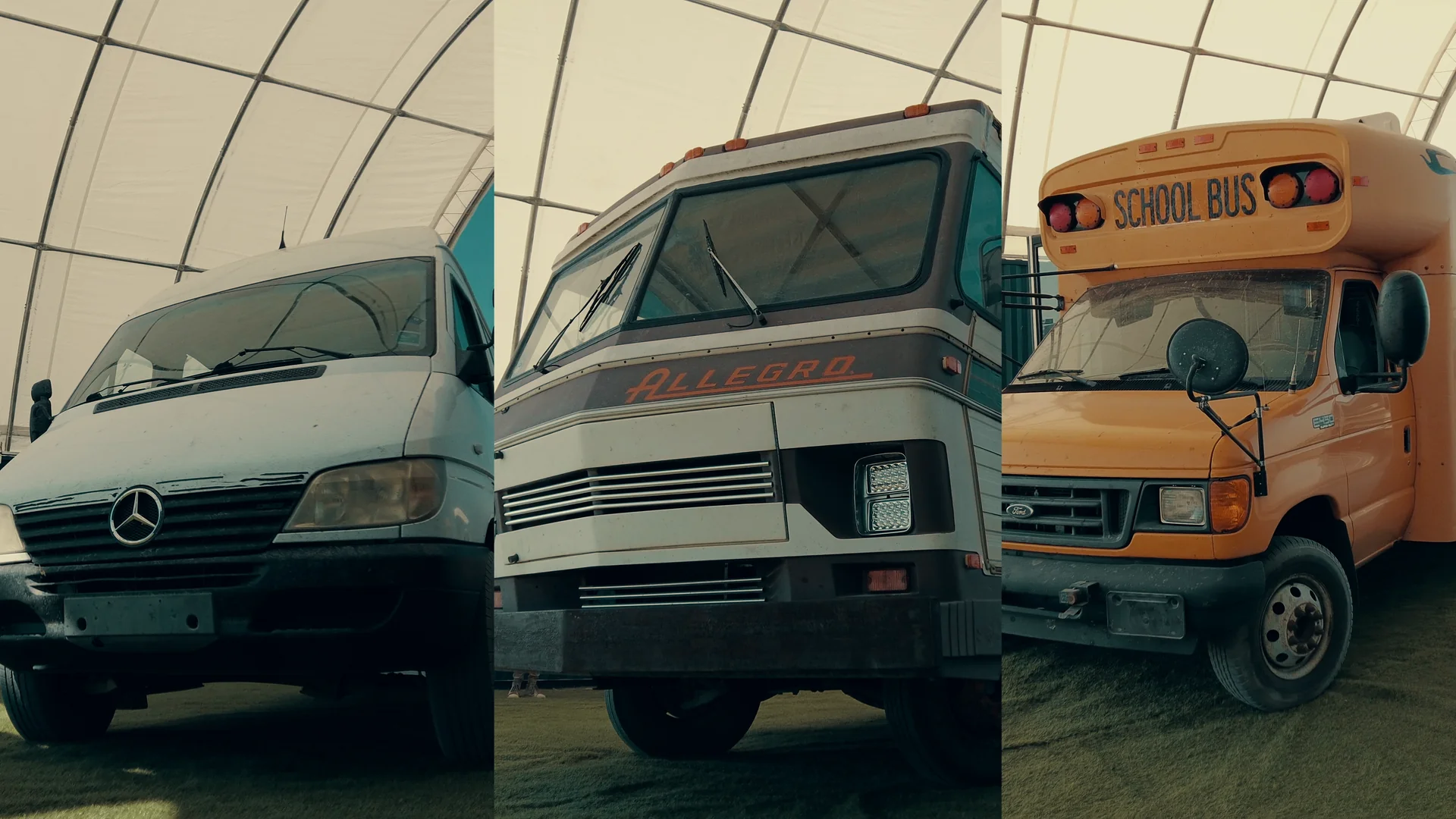 A van, motorhome, and school bus in a three-panel still from Gutted season one.