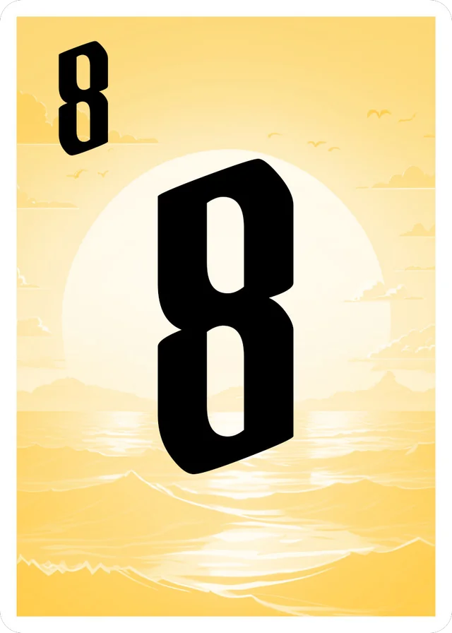 The yellow 8 from the Swab the Deck deck, over a sunset at sea.