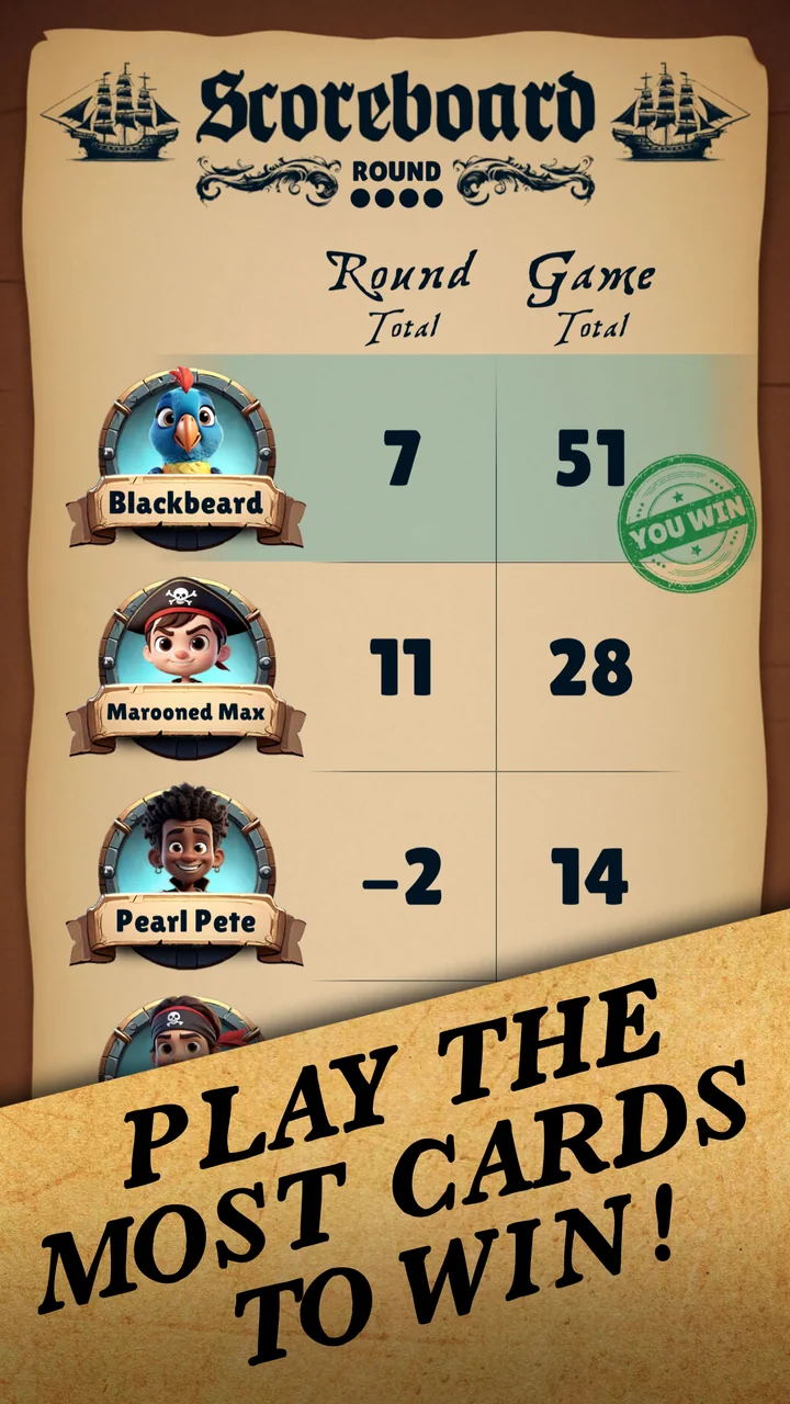 The Swab the Deck scoreboard, with round and game totals for each player.