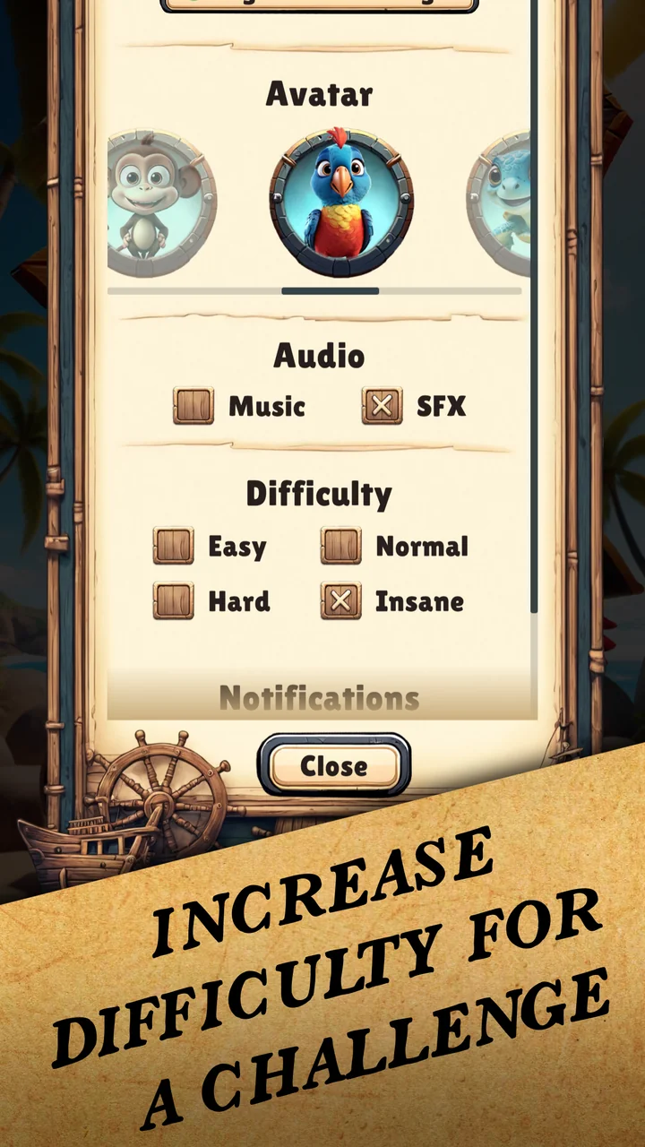 Swab the Deck settings for avatar, audio, and difficulty, from Easy to Insane.