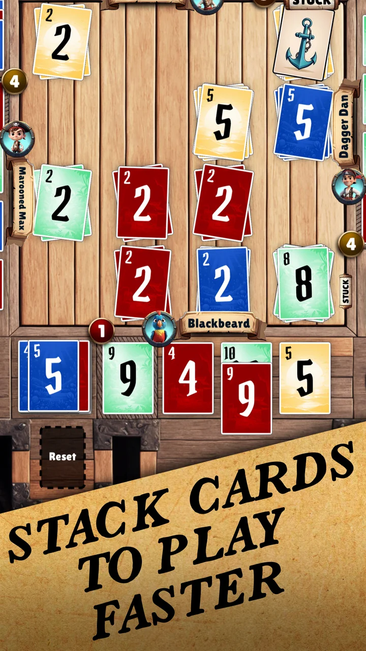Stacking cards onto the shared piles to play faster in Swab the Deck.