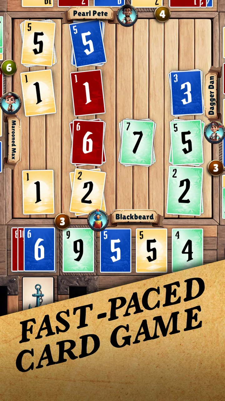Four pirates race to play numbered cards onto shared piles in Swab the Deck.
