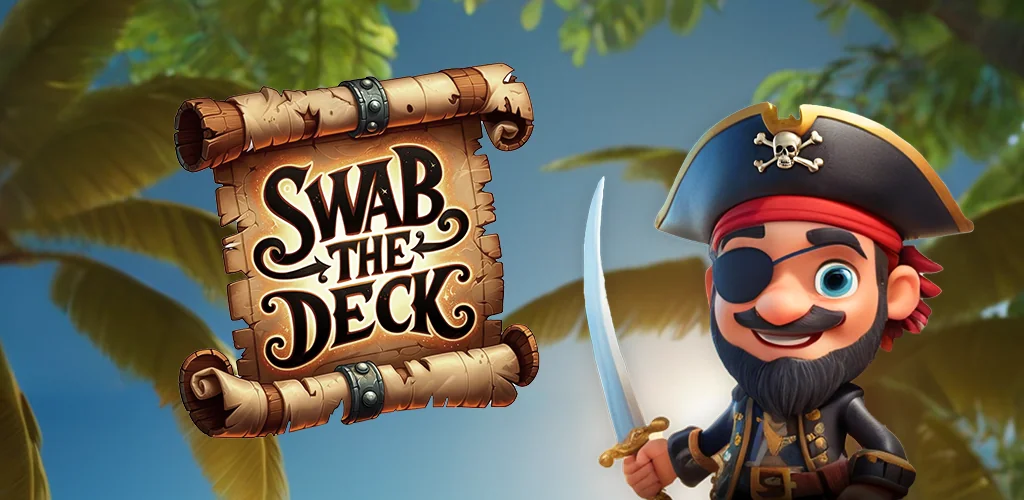 Swab the Deck title art: a grinning pirate captain with a cutlass beside the game’s scroll logo.